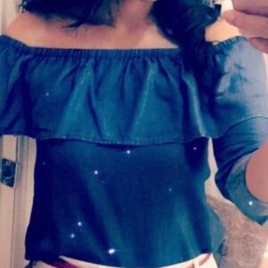 H&M Denim Blue Ruffle Off-Shoulder Blouse